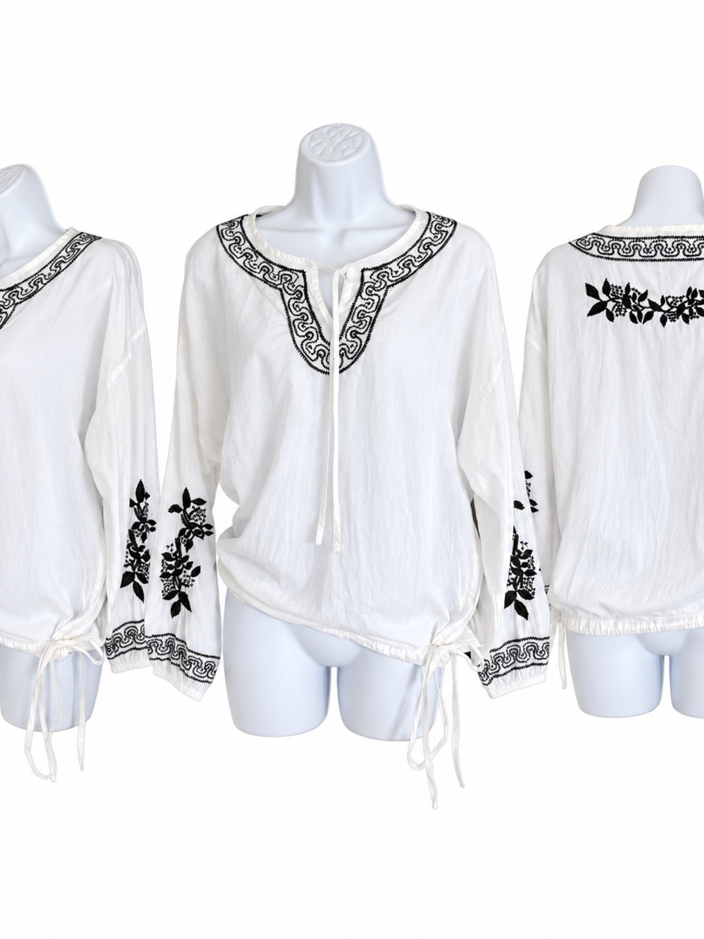 Chico’s Embroidered Cotton Peasant Blouse White Black Size 2